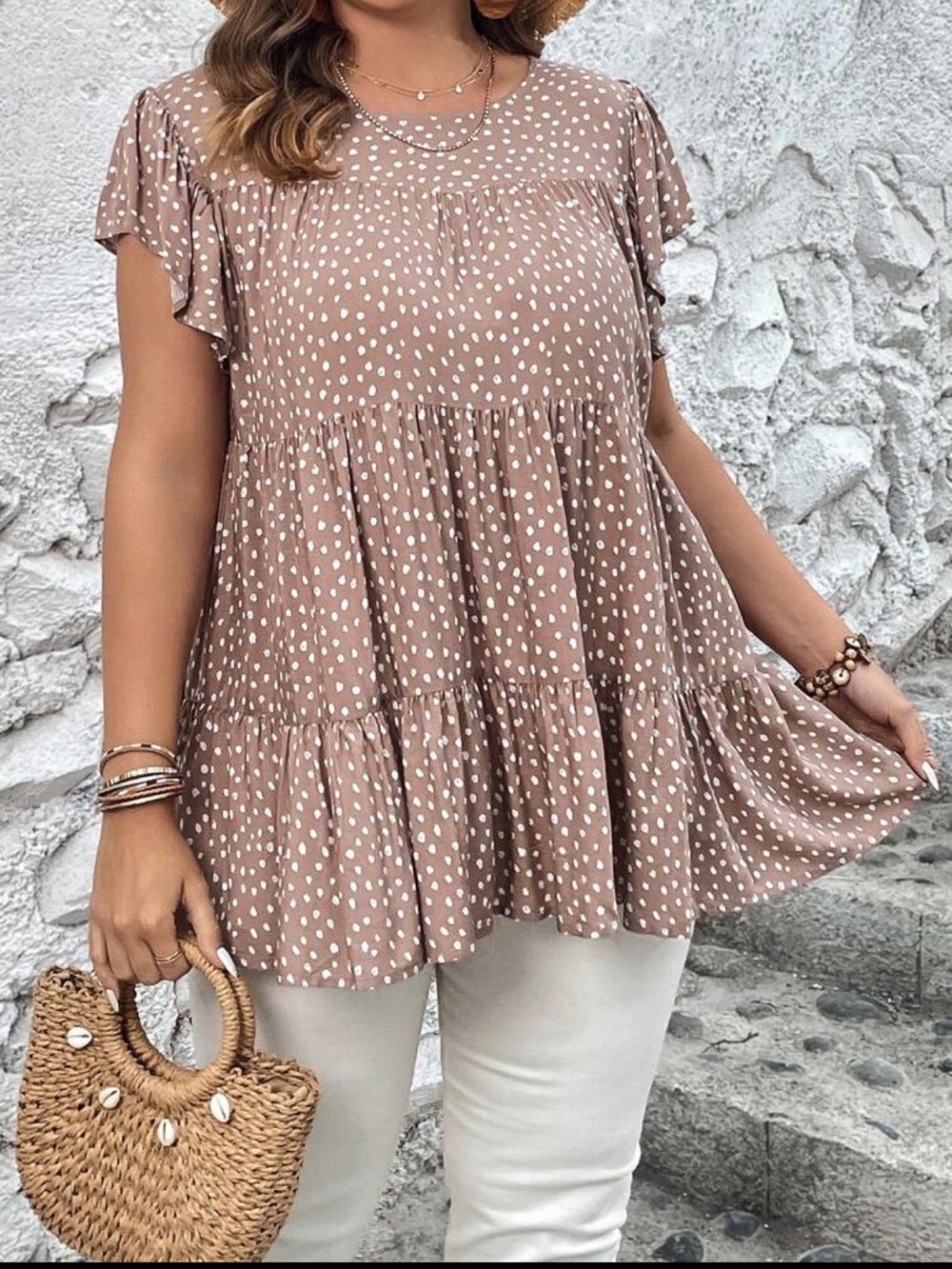 SHEIN Brown Polka Dot Flutter Sleeve Babydoll Top